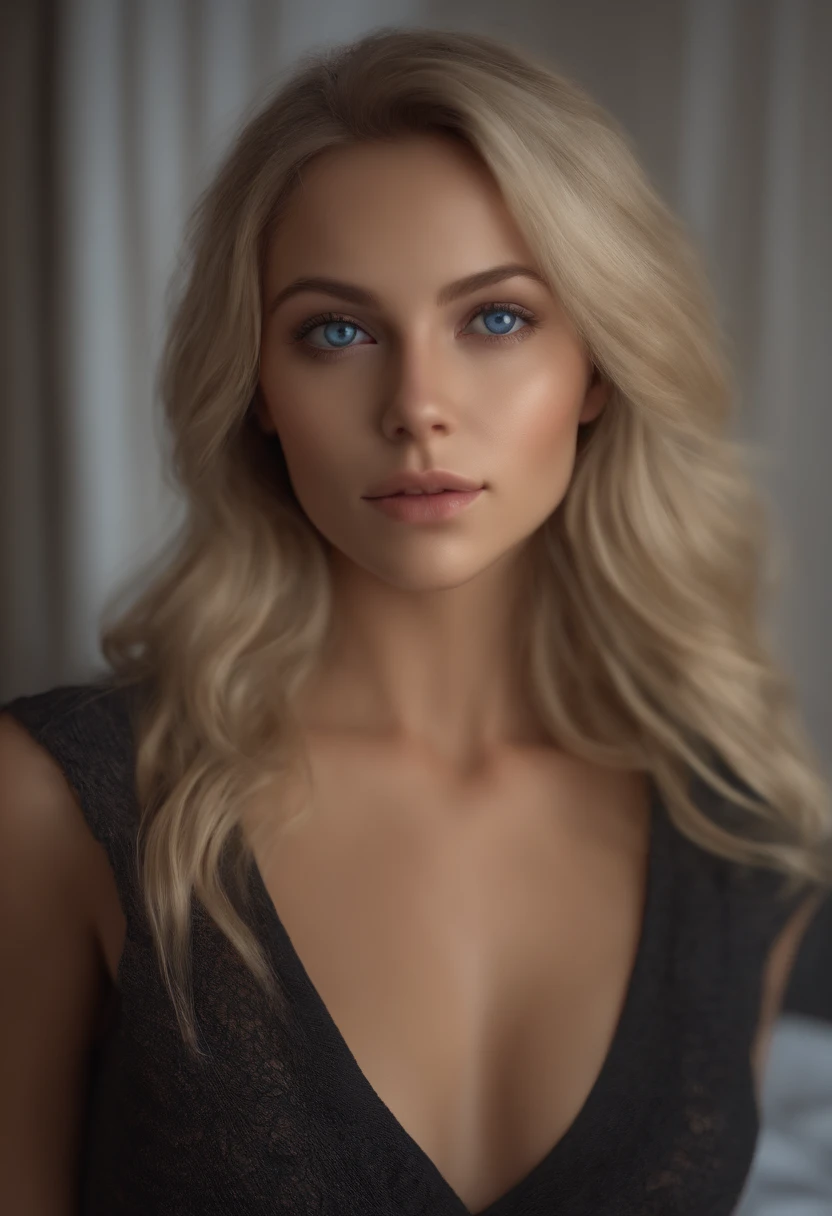 arafed woman fully , sexy girl with blue eyes, ultra realistic, meticulously detailed, portrait, blonde hair and large eyes, selfie of a young woman, bedroom eyes, without makeup, natural makeup, looking directly at the camera, face with artgram, subtle makeup, stunning full body shot, in bedroom, medium to large size bust, NO BLUR