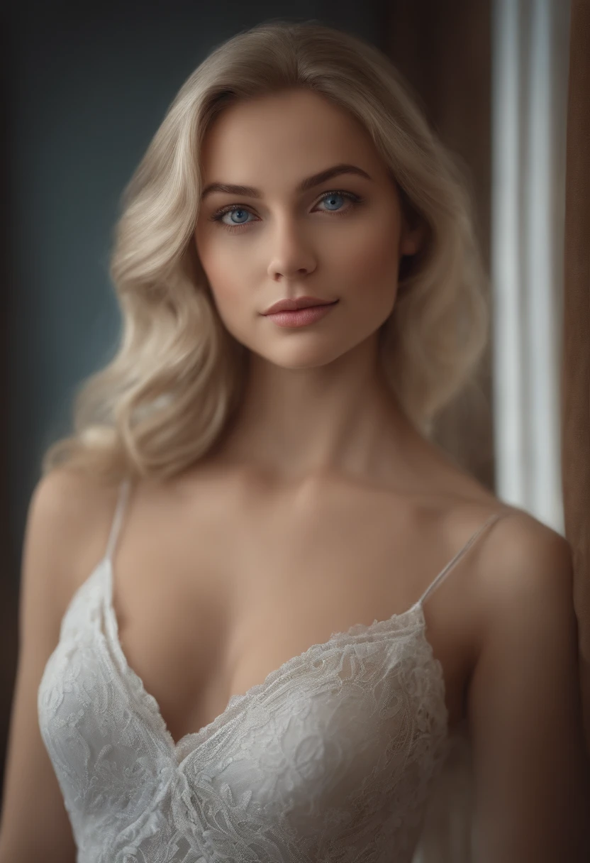 arafed woman fully , sexy girl with blue eyes, ultra realistic, meticulously detailed, portrait, blonde hair and large eyes, selfie of a young woman, bedroom eyes, without makeup, natural makeup, looking directly at the camera, face with artgram, subtle makeup, stunning full body shot, in bedroom, medium to large size bust, NO BLUR