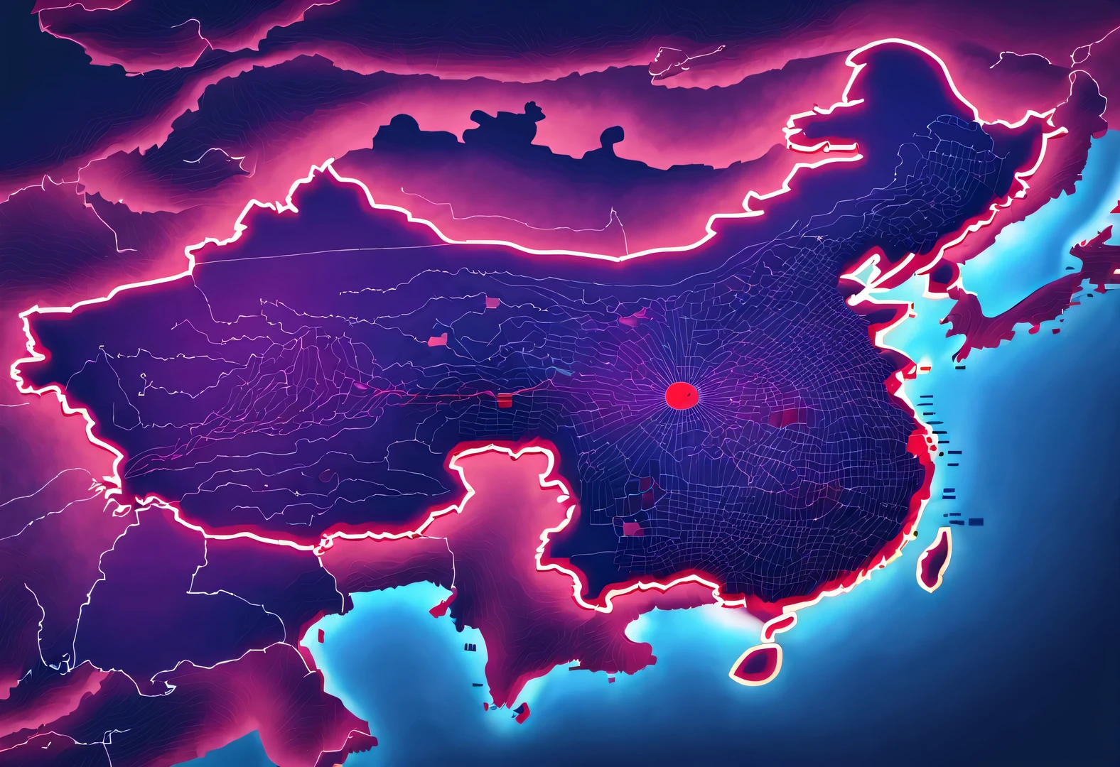 Synthwave style ,红色龙剪影Map of China设计，（Map of China：1.37）