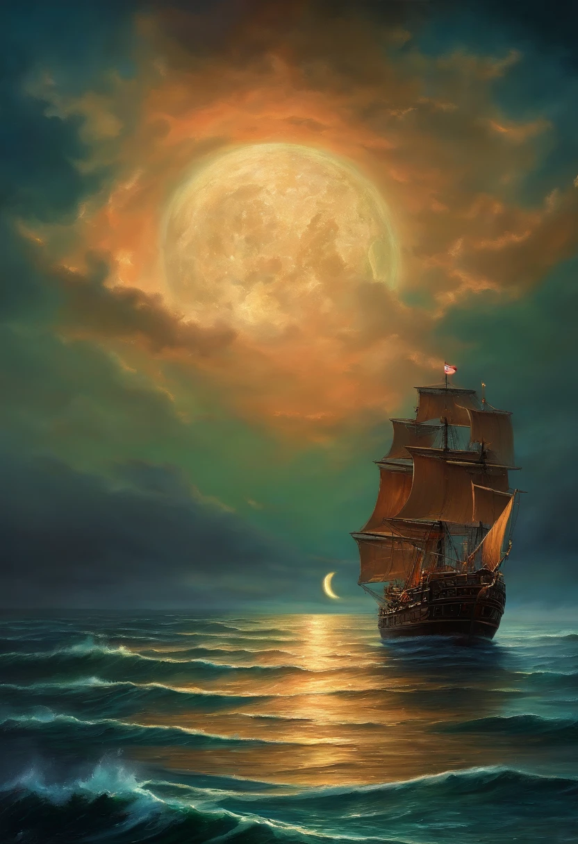 oil painted , ((Masterpiece:1.1)),[anime big breast:impasto:0.5], Intricate , fantasy,(1 boat),(Ocean:1.2),[Cruise:Cruise with (Green fire:1.2):0.1], Clear sky ,Wind ,Beautiful sky,(nightsky),(milky ways), (Huge blood moon in the background:1.05),