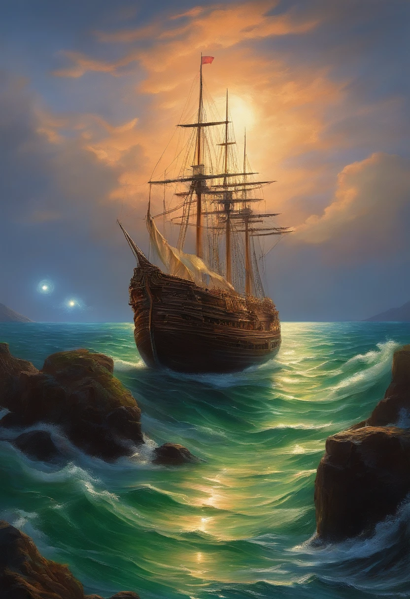 oil painted , ((Masterpiece:1.1)),[anime big breast:impasto:0.5], Intricate , fantasy,(1 boat),(Ocean:1.2),[Cruise:Cruise with (Green fire:1.2):0.1], Clear sky ,Wind ,Beautiful sky,(nightsky),(milky ways), (Huge blood moon in the background:1.05),