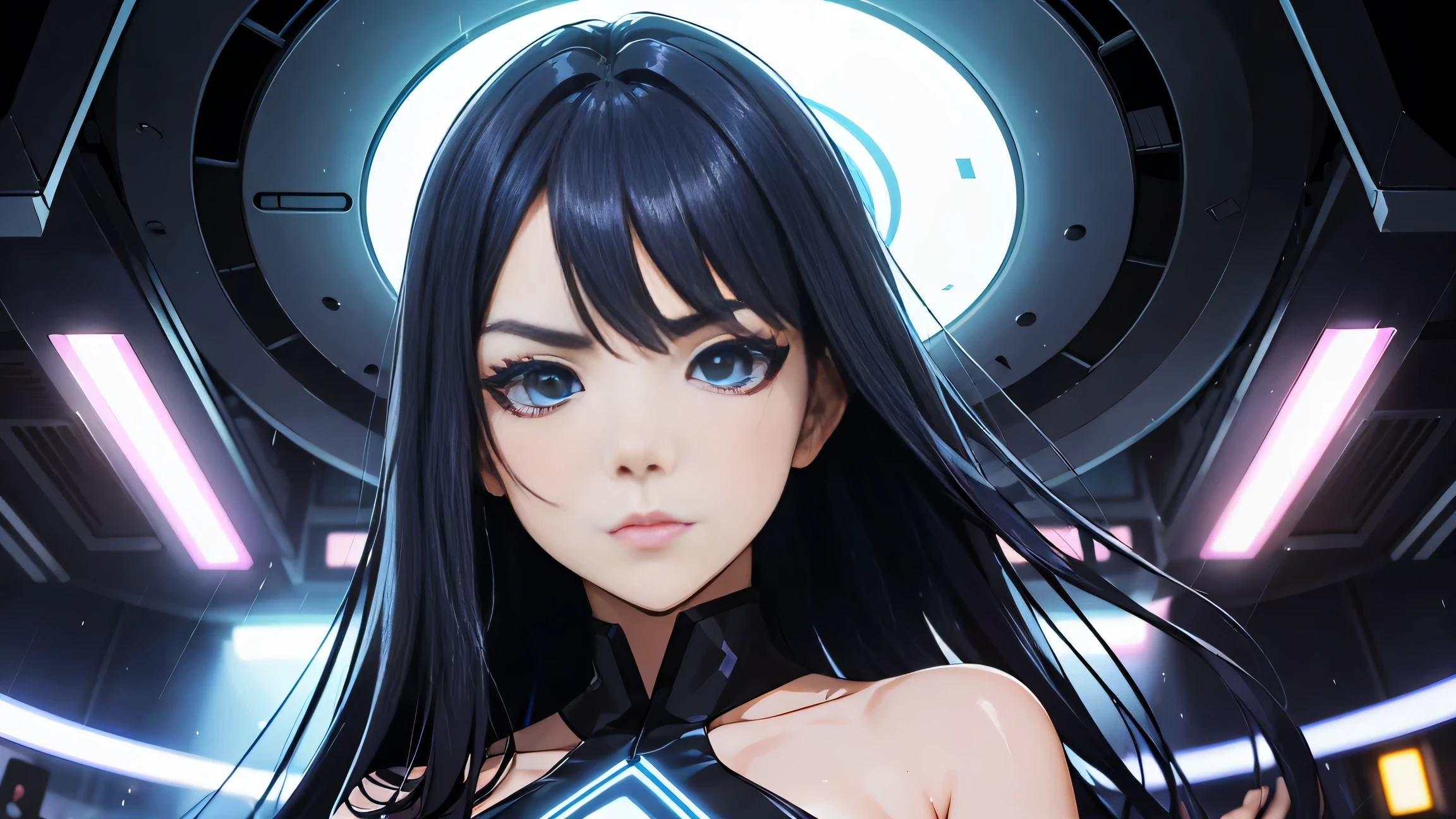 cool phonk anime girl , dark blue hair , blue eyes , rainy time , underground dance club , whole body shot, big brest, (Perfect thick white eyebrows) Delicate fur, 详细s face, s the perfect face, At a in an underground dance club like tron movie, (Drink a glass of wine while standing), Comfortable background, perfect decoration, lighting atmosphere, ((Bonifasko lighting)), (The round lenses on his eyes)(詳細な目), Perfect student, face close up