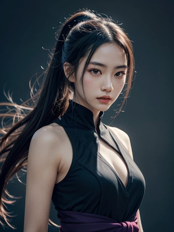 raw photos、8K portrait、real、Delicate and meticulous skin)、master piece、highest quality、official art、Unity 8k wallpaper、Super detailed、(dark scene、low key、soft light)、cinematic look、High chroma、best anatomy、Volume mist、samurai girl、slim body、whole body、1 girl、arms、sword、long hair、black hair ponytail、hold the、solo、armsを握る、Blood、swordのグリップ、arm guard、simple background、armsについたBlood、look at the audience、black eye、cloth、floating hair、Hanfu、dragon、Beautiful 25 year old Japan woman、white skin、double eyelid、真swordな表情、Wearing a black and purple ninja costume、Ninja silhouette、Plump cleavage、dynamic pose、whole body、Action-packed、Dynamism、The background is Hayashi、environmental lighting、photorealism、intricate face details、intricate hand details、very detailed、bright colors