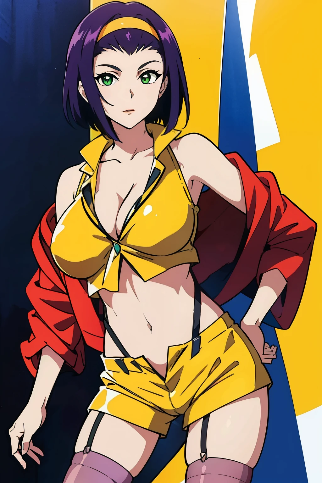 nsfw, masterpiece, best quality, high resolution, 1girl, large breasts, cleavage, faye valentine, yellow hairband, yellow shirt, yellow shorts, suspenders, thighhighs, red jacket ,off shoulder, purple hair, green eyes, navel, cowboy shot