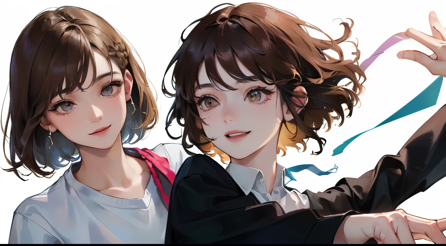 (((1 woman)))、(highest resolution、clear_image)、 ((dance))、((Upper body diagram))、best quality、((short hair)),(((smile)))、contrast of light and shadow、very detailed、Semi-realistic、(brown hair、Braided hairstyle、long bangs、20-year-old、young、), ((shirt))、((View from the front))、delicate facial features facial features、white background、