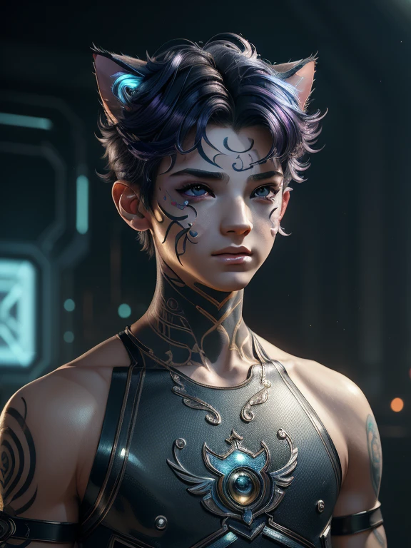 (((masterpiece)))、(((top-quality)))、((ultra-definition))、(High Definition CG Illustration)、((extremely delicate and beautiful))、Cat Boy, Cyber City、Cinematic Light、boy with shearing hairstyle、Unconventional、Cyber boy、2080s、animesque、boy with、facepaint、face tattoos、trending on artstationh