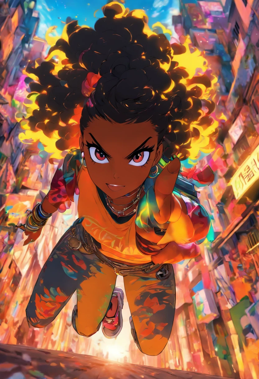 mulher negra numa favela tirando selfie e olhando para o espectador