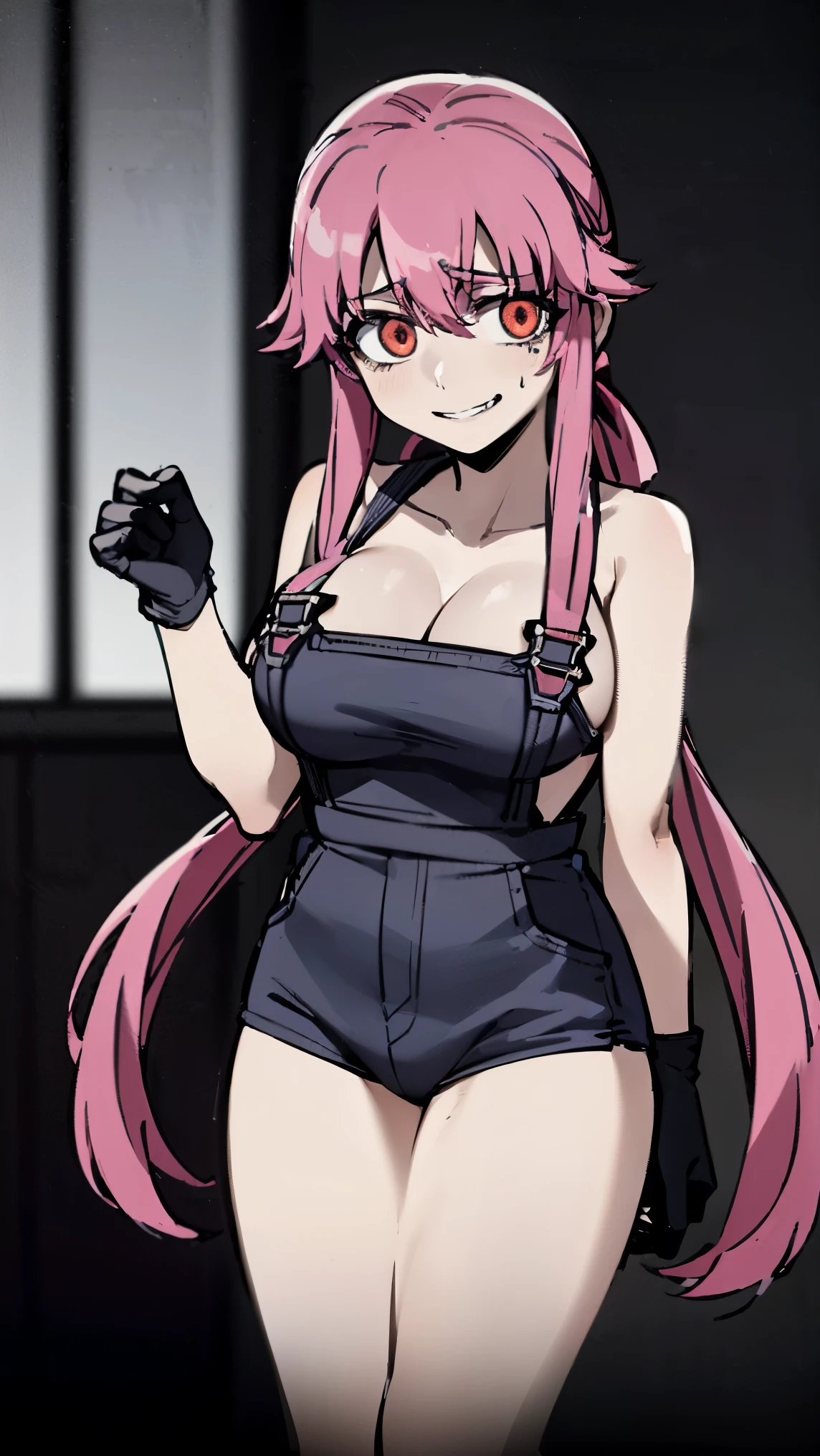anime_still, masterpiece, best quality, 1girl, Gasai Yuno, long hair, pink hair, low twintails, smile, naked, red eyes, (large breasts:1.5),1girl, black choker, dark grey, (overalls:1.25), leather gloves, black boots, ((nigth:1.5)), (chasing you through the woods BY yuno gasai), moonlight, blood on floor, horror scane, (horror movie post:1.5) (evil eyes:1.6), (horror_movies:1.5), (woods:1.6),(dark:1.7), (out_boorlood on hands:1.5), (blood stain:1.25), (black face mask:1.25),