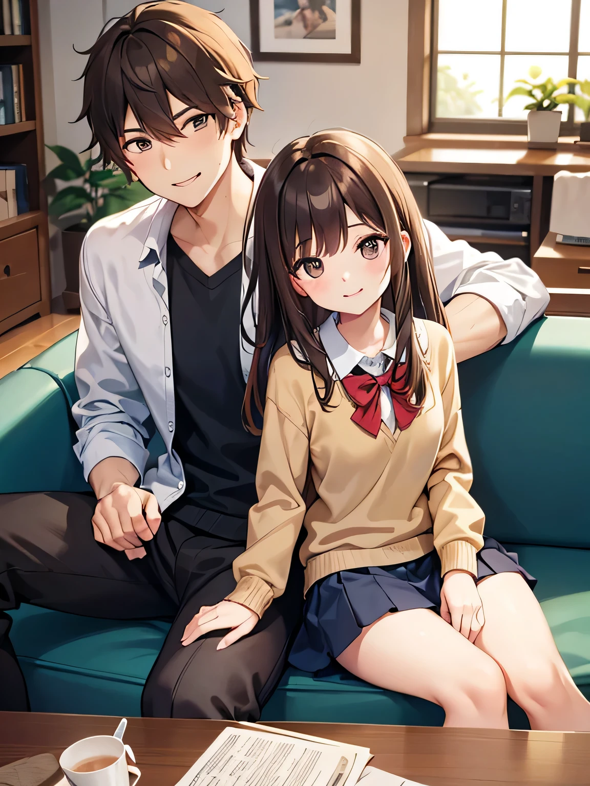 (1) A male and female couple are sitting on a sofa.
(2) That woman is a high school girl, She has brown hair and wears a high school uniform with a miniskirt..
(3) the man wears normal clothes.
(4) both are laughing.
(5) The location is the sofa in the living room of the apartment..