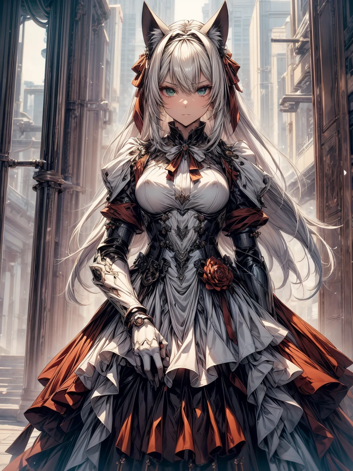 Delicate concept art style:1.1),(art nouveau:1.0),(one of the coolest beauties:1.0)、(20-year-old:1.0)、(medium breasts:1.0)、(in house、aristocratic luxury room、sunset window、stylish action pose:1.0)、(medium shot:1.0)、(Depth of written boundary:1.1)、break
(cute anime face:1.0)、(clear green eyes:1.0)、(Cybernetic Genoid:1.0)、(highly detailed mecha suit:1.3)、(white gothic quillas:1.ink medium hair:1.3)、(Cat ear:1.0)、(intricate dress shirts:1.2)、(Large Ribbon Tie:1.2)、(Big ruby brooch on the chest 1.1)、(gorgeous crinoline:1.2)、faint smile
