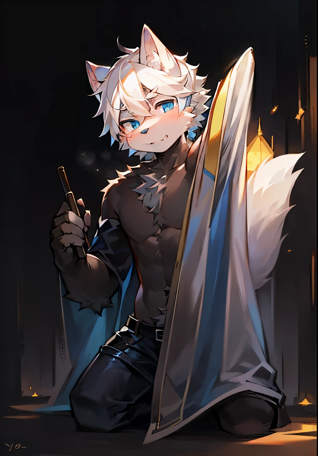 (dark environment: 0.8), masterpiece, high quality, abstract research, number\(artwork\), by dagashi, Yes, Kiyoyama, (Hana charcoalo, fluffy fur, Character focus: 1.1), Hana charcoalo Male Cat, short hair, portrait , Bright Eyes, panoramic, Character focus. (Detailed background: 0.7), alone, hairy, hairy male, male focus, Hana charcoal, (Full body fur, hairy尾巴, white fur, blue eyes, white hair: 1.2), (canine, cape: 1.2)