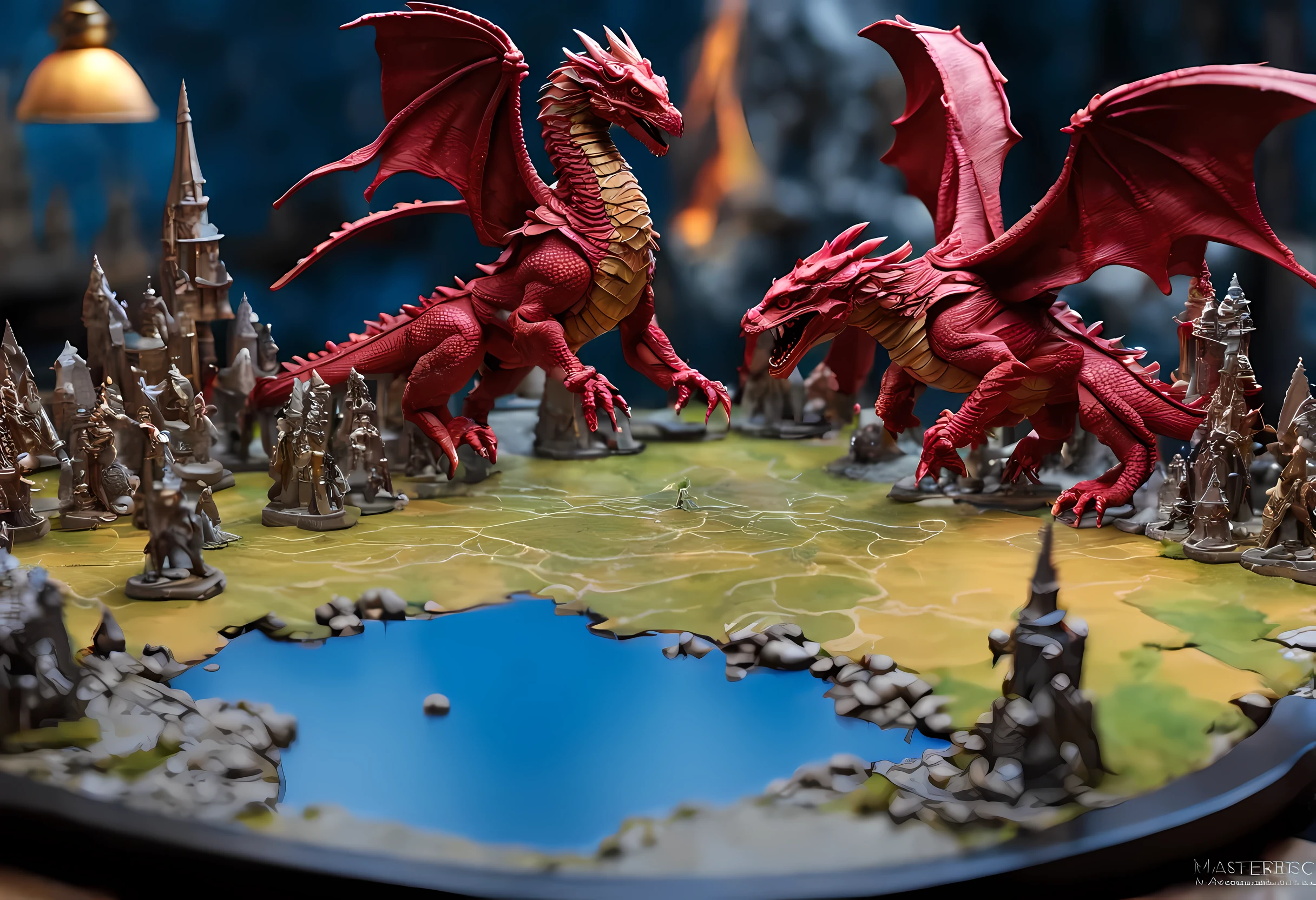 open map table (masterpiece, best quality, best detailed: 1.4) of live action battle between fire breathing dragons miniatures (masterpiece, best quality, best detailed: 1.4) and knights in shinning armor miniatures (masterpiece, best quality, best detailed: 1.4), fighting on a large scale grid map of fantasy world, 3D rendering, fantasy_world cinematic lighting, soft light, silhouette, photorealism, colorful, panoramic view (Masterpiece 1.5, intense details) , Wide-Angle, Ultra-Wide Angle, 16k, highres, best quality, high detailss