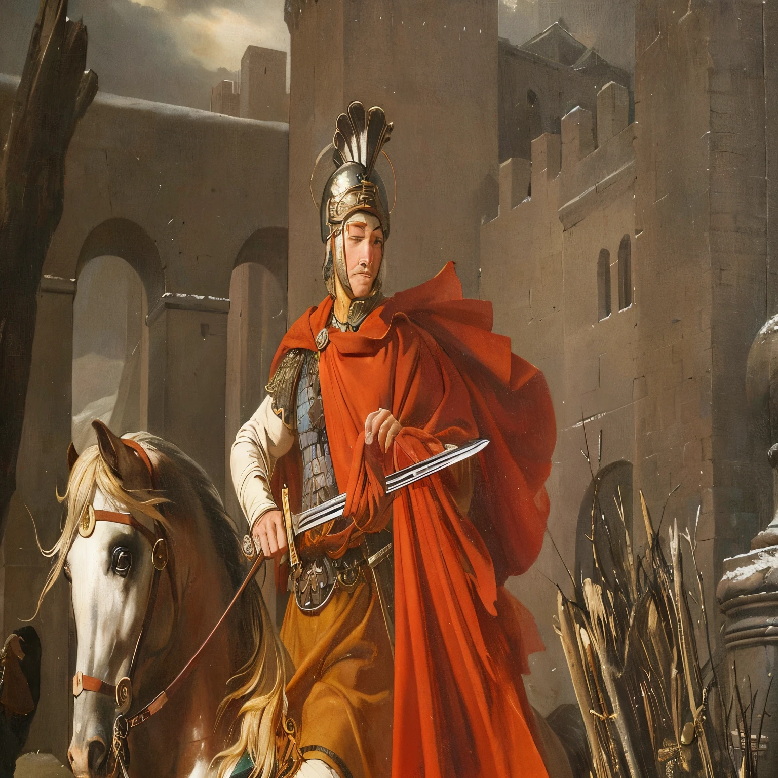 pintura de um homem de armadura andando a cavalo com uma espada, jacques louis david style, jacques - louis david, Direction: Jacques-Louis David, jacques louis david, Direction: Jean-François de Troy, neoclassic oil painting, Roman legionary, neoclassic painting, neoclassic painting, roman centurion, neoclassic paintings, Claudio José Vernet