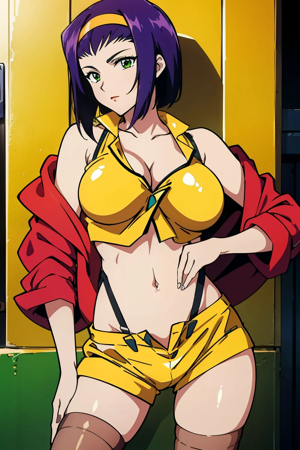 nsfw, masterpiece, best quality, high resolution, 1girl, large breasts, cleavage, faye valentine, yellow hairband, yellow shirt, yellow shorts, suspenders, thighhighs, red jacket ,off shoulder, purple hair, green eyes, navel, cowboy shot