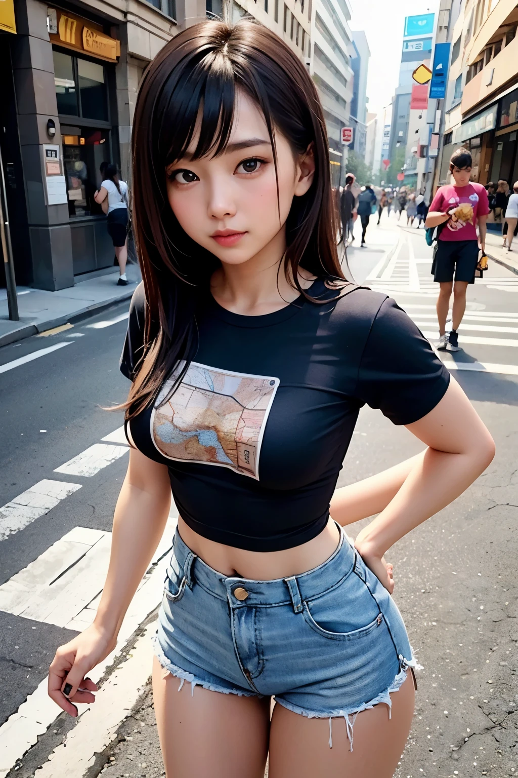 A beautiful girl on the street wearing a tight body fitted T-shirt and shorts with a map printed on it.