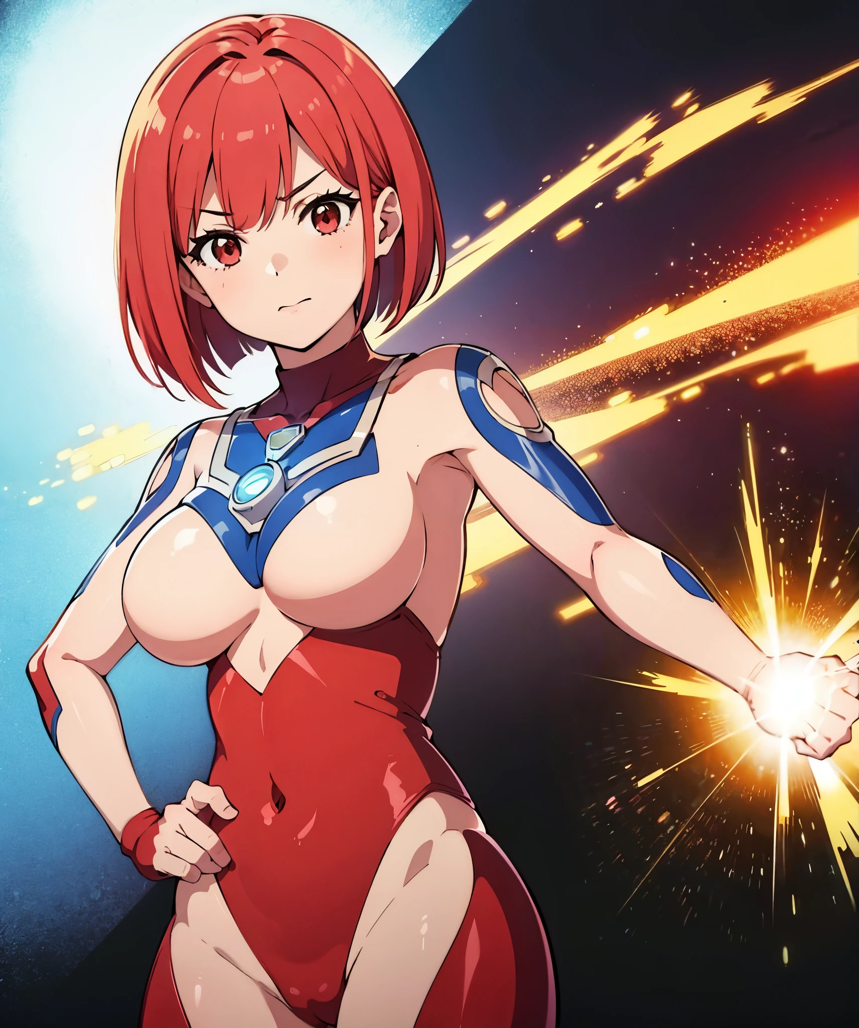 one person,red haired woman,bright red hair,short bob,red eyes, (Ultra Girl :1.0), silver and red ultraman bodysuit,big breasts,Put your hands on your hips,fist,upper body only