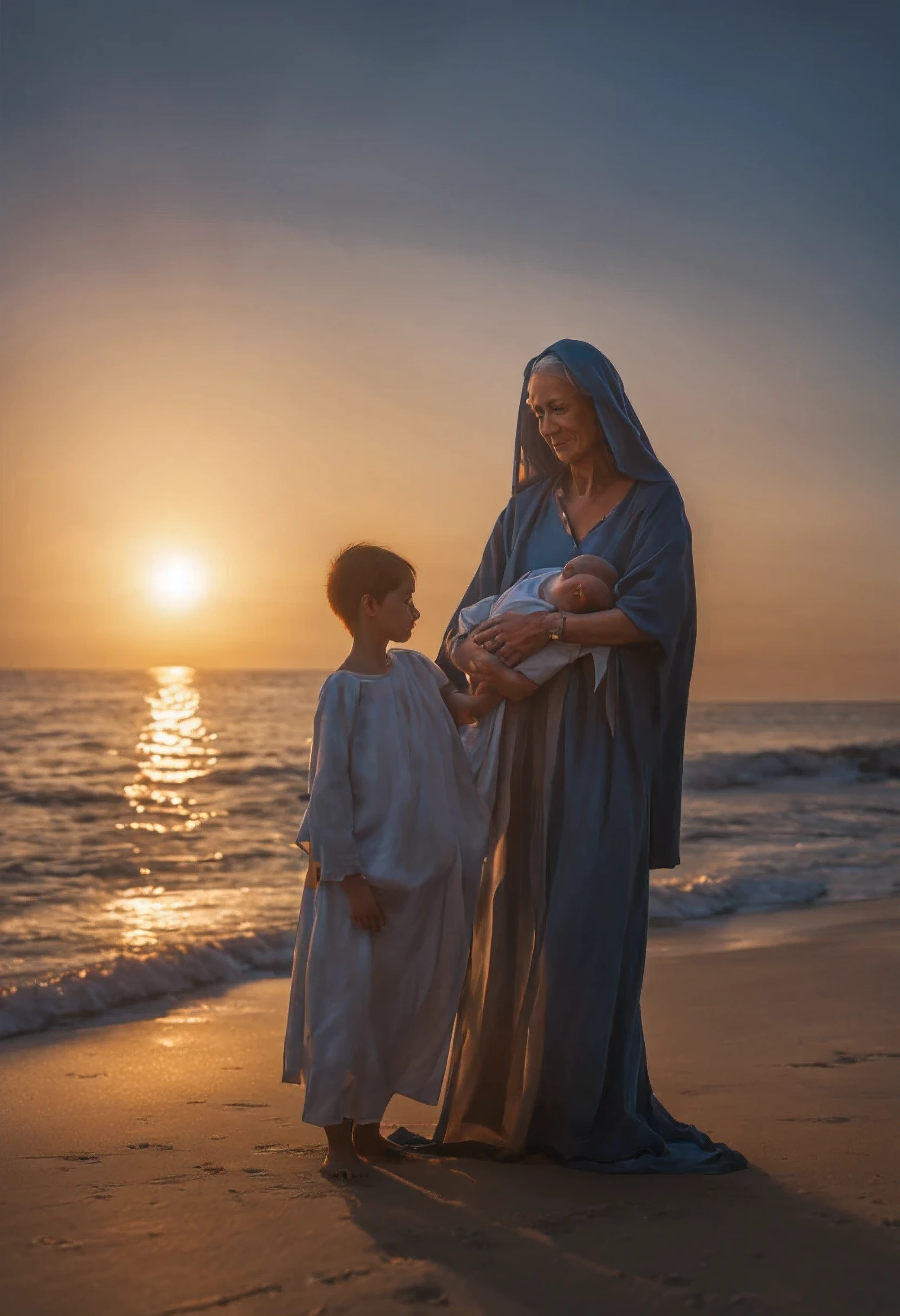 Sara, the matriarch, wife of the patriarch Abrahão, beautiful mother, 60 years old, wrinkled, with long brown hair, with a cloak over her head, holding her son in her arms, lifting him consecrating him to God, Standing watching the sun setting, bright rays of the evening sun reflected in the mother and her, Background with very blue sea and multicolored distant horizon with the last rays of the sun, very sentimental image, 16k, realistic, cinematic.