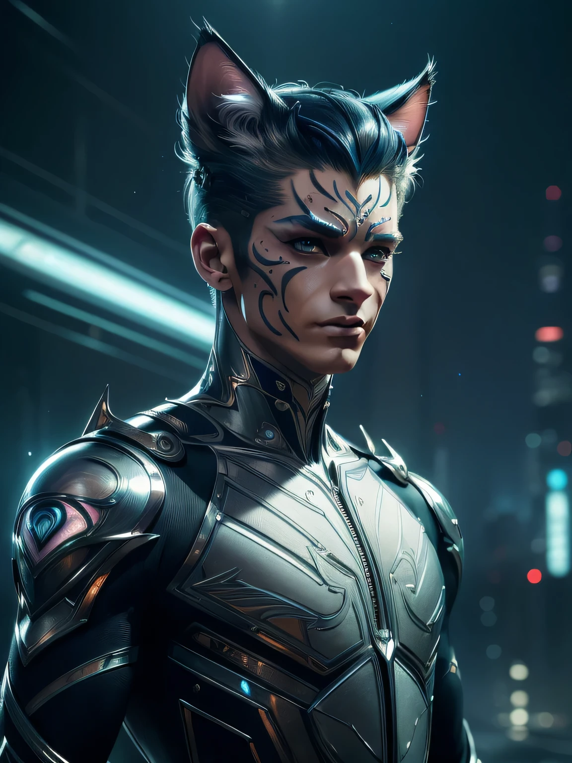 (((masterpiece)))、(((top-quality)))、((ultra-definition))、(High Definition CG Illustration)、((extremely delicate and beautiful))、Cat man, Cyber City、Cinematic Light、man with shearing hairstyle、Unconventional、Cyber man、2080s、animesque、man with、facepaint、face tattoos、trending on artstationh
