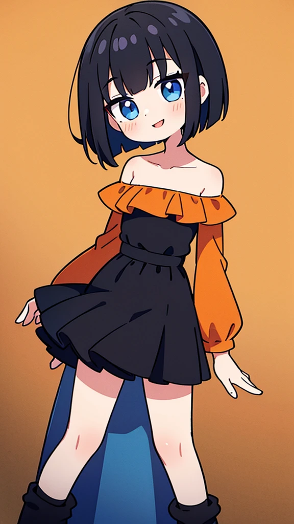 A Female with short black hair, bob cut, blue eyes, Red lips, strapless, orange flamenco dress, shortsleeved orange ruffle off the shoulder top, black maxi skirt, bare shoulders, standing up, 1 girl, solo, upper body, smile