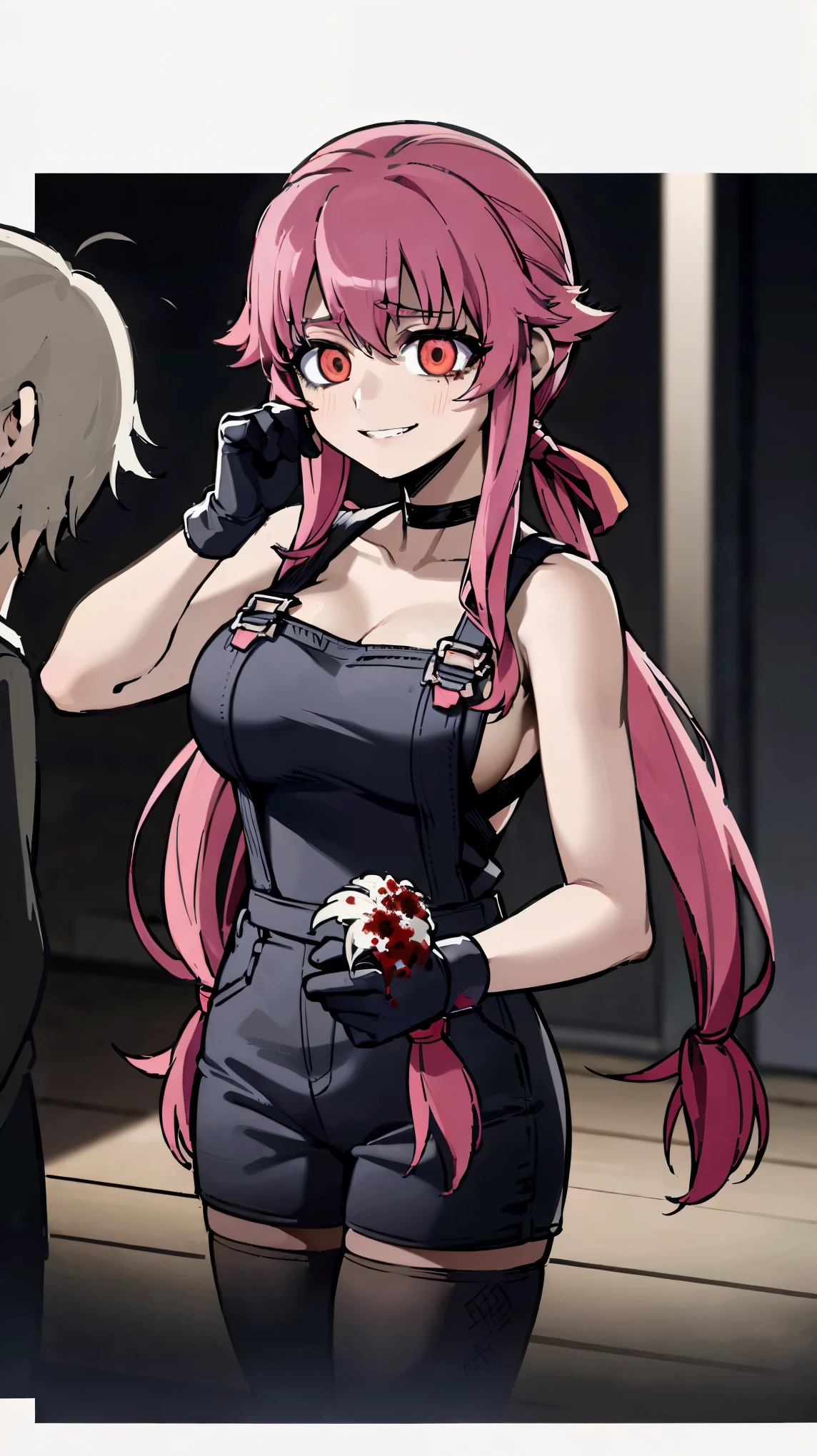 anime_still, masterpiece, best quality, 1girl, Gasai Yuno, long hair, pink hair, low twintails, smile, naked, red eyes, (large breasts:1.5),1girl, black choker, dark grey, (overalls:1.25), leather gloves, black boots, ((nigth:1.5)), (chasing you through the woods BY yuno gasai), moonlight, blood on floor, horror scane, (horror movie post:1.5) (evil eyes:1.6), (horror_movies:1.5), (woods:1.6),(dark:1.7), (out_boorlood on hands:1.5), (blood stain:1.25), (black face mask:1.25), 