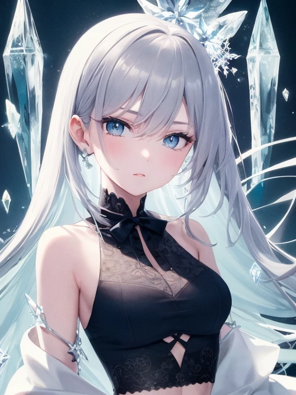 A girl with long gray hair with stars on the tip, black hair with stars around the edges