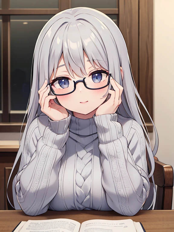 (Highest Quality), (Highest Quality), (Masterpiece), gray hair, Glasses, white knit
