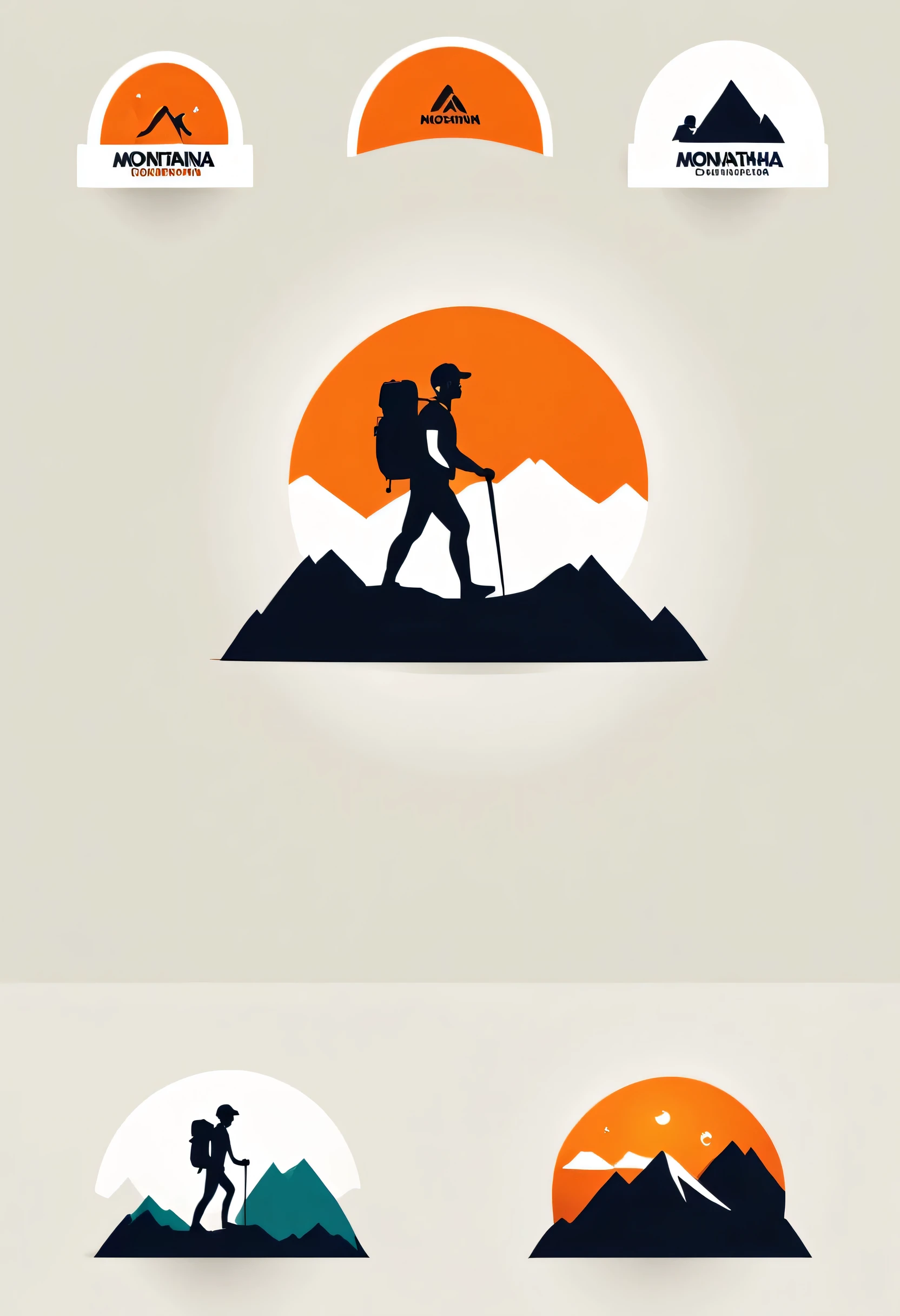 Logotipo da montanha, caminhada, moderno, colorida, LogoRedAF, homem e menino fazendo trekking, orange cap,