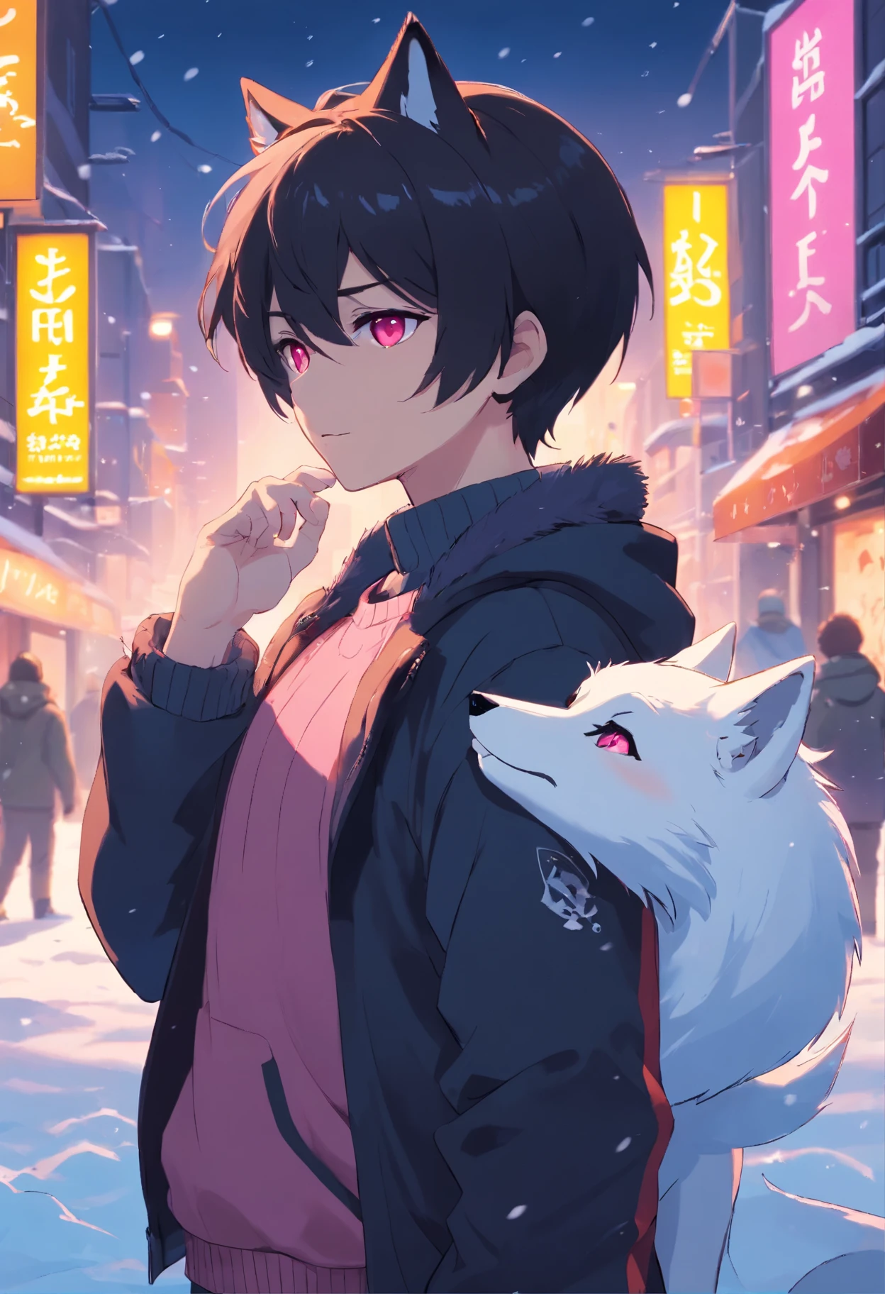 arctic fox, pink eyes, tattoo, 子宫tattoo, short hair, black hair, men&#39;s sweater, nymphomancer, Bisexual males, hairy, night city, glowing eyes, There is no feeling, long tail, collar, masterpiece, puppet, bat wing, Shy, White headphones, fox tails, top quality, nuclear, slime nuclear, white body, Name Snow, fox tails, black tail, Turn into a fox, 2 boys(Snow fox), little boy, Convertible jacket,