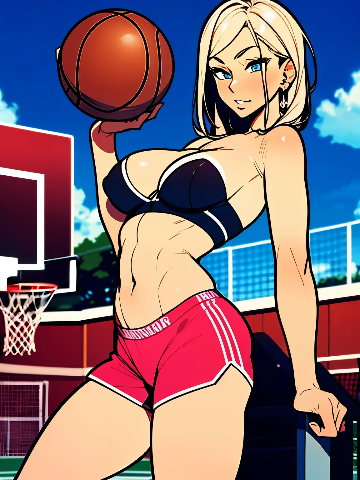 Masterpiece, good quality, 1girl, (thick body:0.9), (strapless micro sport bra:1.3), bare shoulder, hotpants, basketball court, outdoor, large breasts