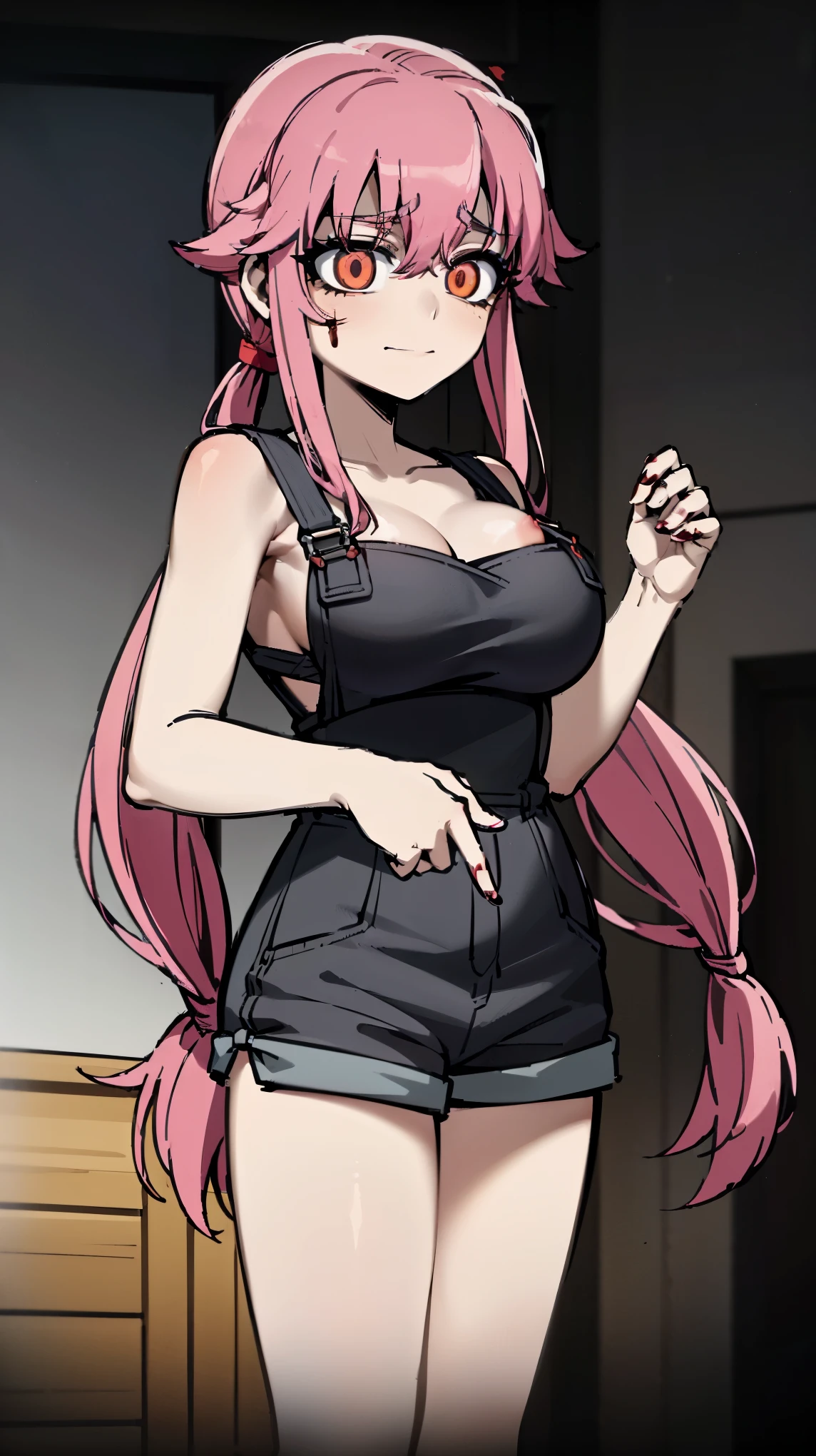 anime_still, masterpiece, best quality, 1girl, Gasai Yuno, long hair, pink hair, low twintails, smile, naked, red eyes, (large breasts:1.5),1girl, black choker, dark grey, (overalls:1.25), leather gloves, black boots, ((nigth:1.5)), (chasing you through the woods BY yuno gasai), moonlight, blood on floor, horror scane, (horror movie post:1.5) (evil eyes:1.6), (horror_movies:1.5), (woods:1.6),(dark:1.7), (out_boorlood on hands:1.5), (blood stain:1.25), (black face mask:1.25), 