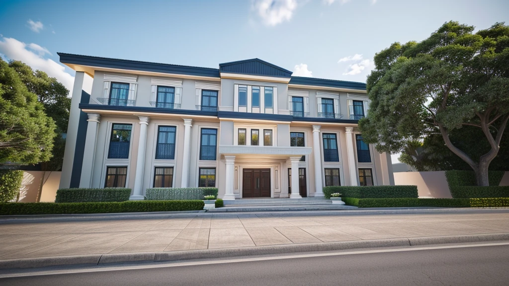 Modern townhouse, combining neoclassical style, street, car running in front of the house, (LoGo:1.5 not appearing), Modern Style, Extremely detailed image, masterpiece, surreal, rendered by vray 2023, 8k rendering, White walls, aluminum glass doors and windows, large yard covered with ceramic tiles, Natural light, cloudy, daytime a few clusters of beautiful small flower pots 8K