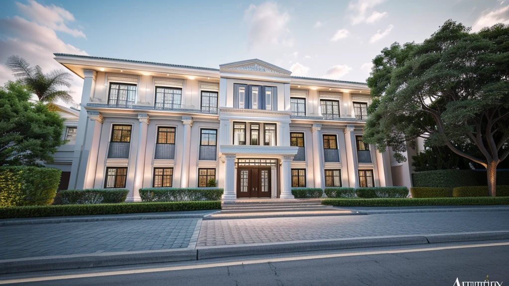 Modern townhouse, combining neoclassical style, street, car running in front of the house, (LoGo:1.5 not appearing), Modern Style, Extremely detailed image, masterpiece, surreal, rendered by vray 2023, 8k rendering, White walls, aluminum glass doors and windows, large yard covered with ceramic tiles, Natural light, cloudy, daytime a few clusters of beautiful small flower pots 8K