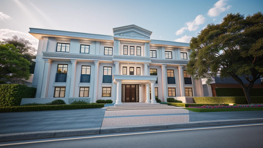 Modern townhouse, combining neoclassical style, street, car running in front of the house, (LoGo:1.5 not appearing), Modern Style, Extremely detailed image, masterpiece, surreal, rendered by vray 2023, 8k rendering, White walls, aluminum glass doors and windows, large yard covered with ceramic tiles, Natural light, cloudy, daytime a few clusters of beautiful small flower pots 8K