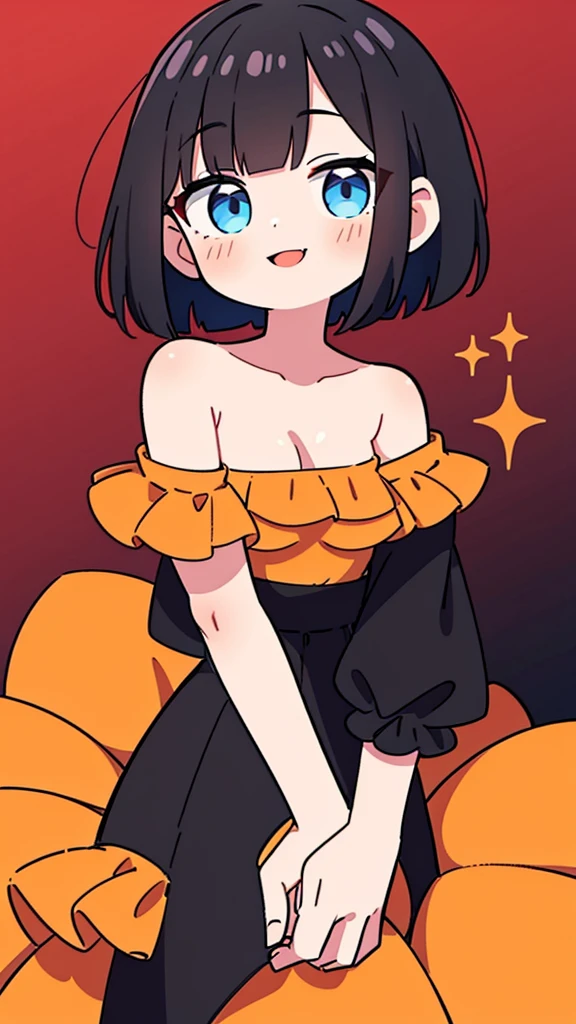 A Female with short black hair, bob cut, bang, blue eyes, Red lips, strapless, orange flamenco dress, shortsleeved orange ruffle off the shoulder top, black maxi skirt, bare shoulders, standing up, 1 girl, solo, upper body, smile