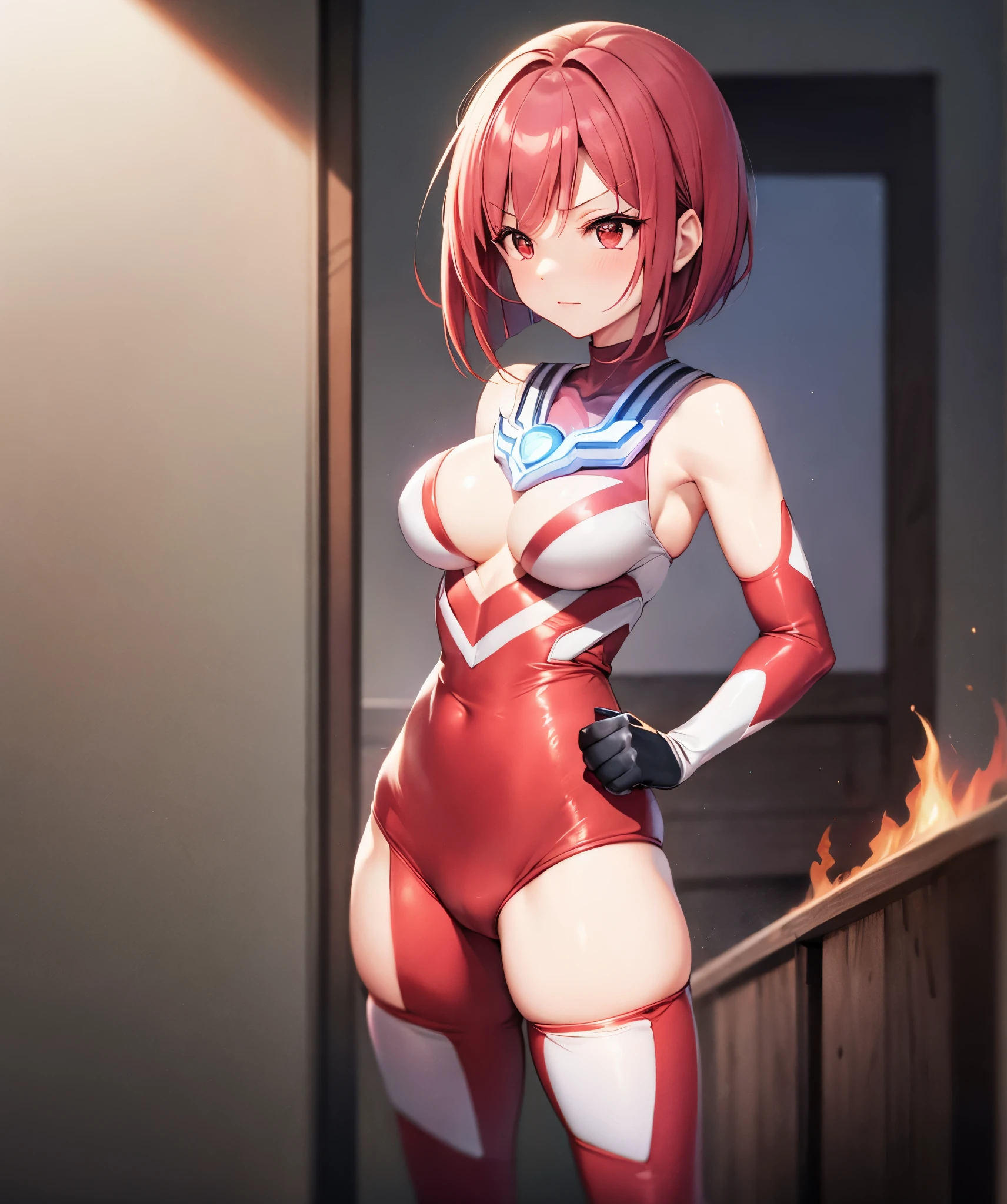 one person,red haired woman,bright red hair,short bob,red eyes, (Ultra Girl :1.0), silver and red ultraman bodysuit,big breasts,Put your hands on your hips,fist,upper body only,In flames