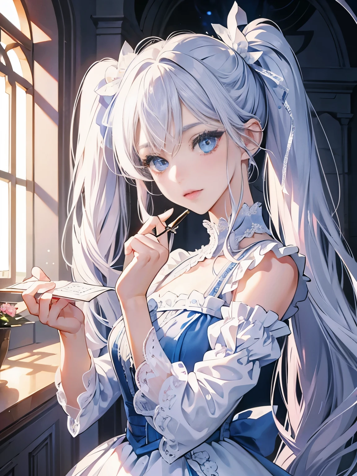 silver hair blue eyes inside the castle Long twin tail hair white lace dress pink ribbon masterpiece best image quality clear cinematic shadow Increased attractiveness of the eyes clear the shine of the eyes Draw eyelashes neatly perfect eyes detailed eye Sharpen image quality Sharpen eye writing clear eye shape