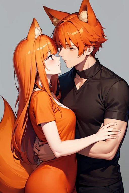 An orange haired woman with copper eyes and orange fox ears and an orange fox tail is getting kissed by an orange haired man with orange eyes  with orange fox ears and an orange fox tail
