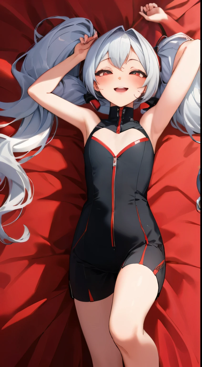 (masterpiece:1.2), (highest quality:1.2), best quality, (ultra detailed:1.3), incredibly absurdres, extremely detailed, colorful, cinema quality, deep, 1girl, solo, white hair, long hair, low twintails, twintails, wavy hair, red eyes, looking at viewer, smile, teeth,breasts, sweatdrop, blush, heart-shaped pupils, lying, on bed, feet out of frame, empty eyes, saliva, revision,
