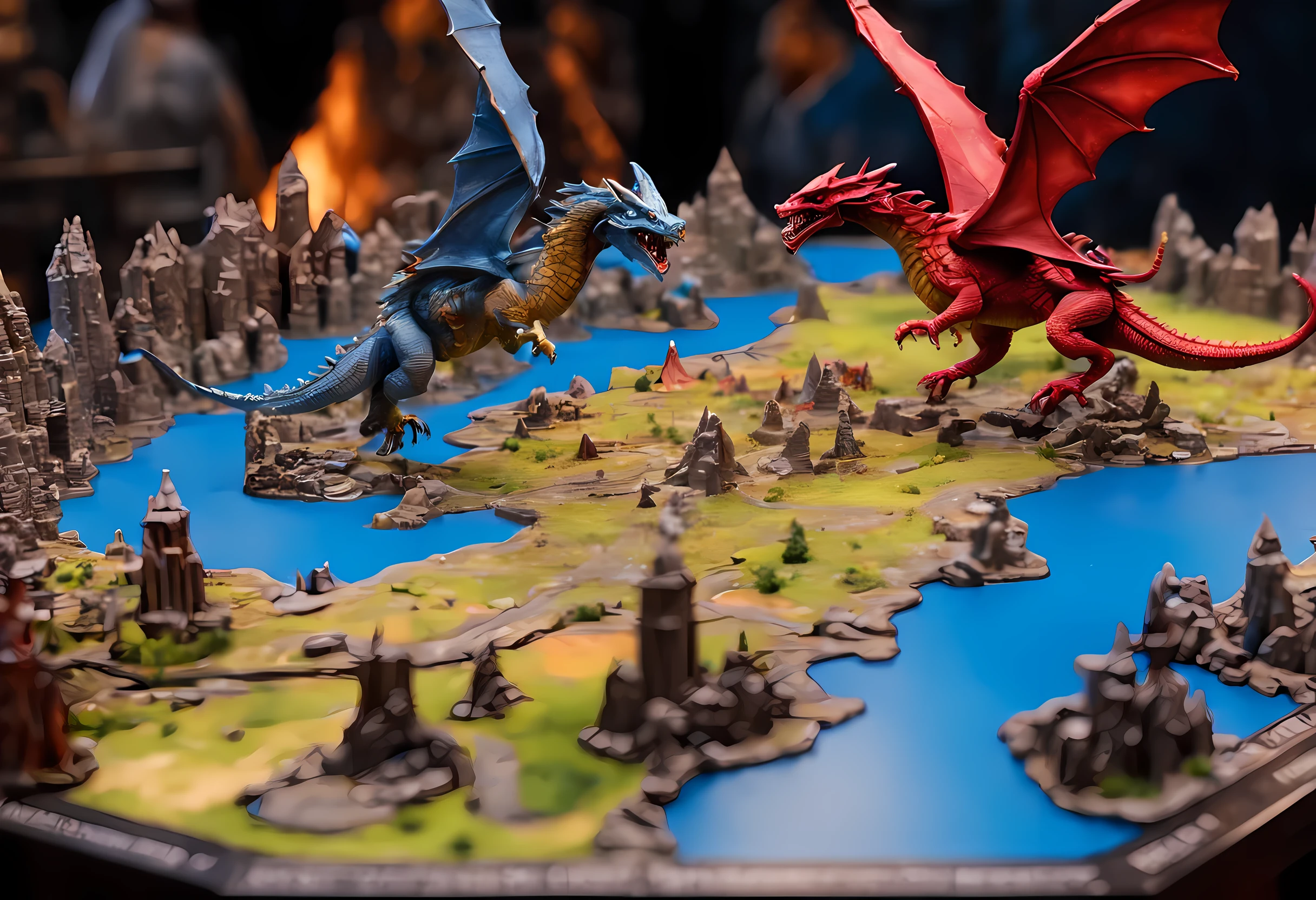 open map table (masterpiece, best quality, best detailed: 1.4) of live action battle between fire breathing dragons miniatures (masterpiece, best quality, best detailed: 1.4) and knights in shinning armor miniatures (masterpiece, best quality, best detailed: 1.4), fighting on a large scale grid map of fantasy world, 3D rendering, fantasy_world cinematic lighting, soft light, silhouette, photorealism, colorful, panoramic view (Masterpiece 1.5, intense details) , Wide-Angle, Ultra-Wide Angle, 16k, highres, best quality, high detailss