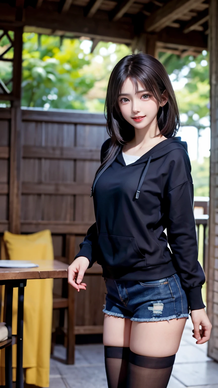 hot pants、Seductive smile、Supermodel、Perfect build、Muchimuchi、Three girls are looking at the viewer、 3 girls、、Thighhighs、beautiful feet、hot pants、smile、hoodie