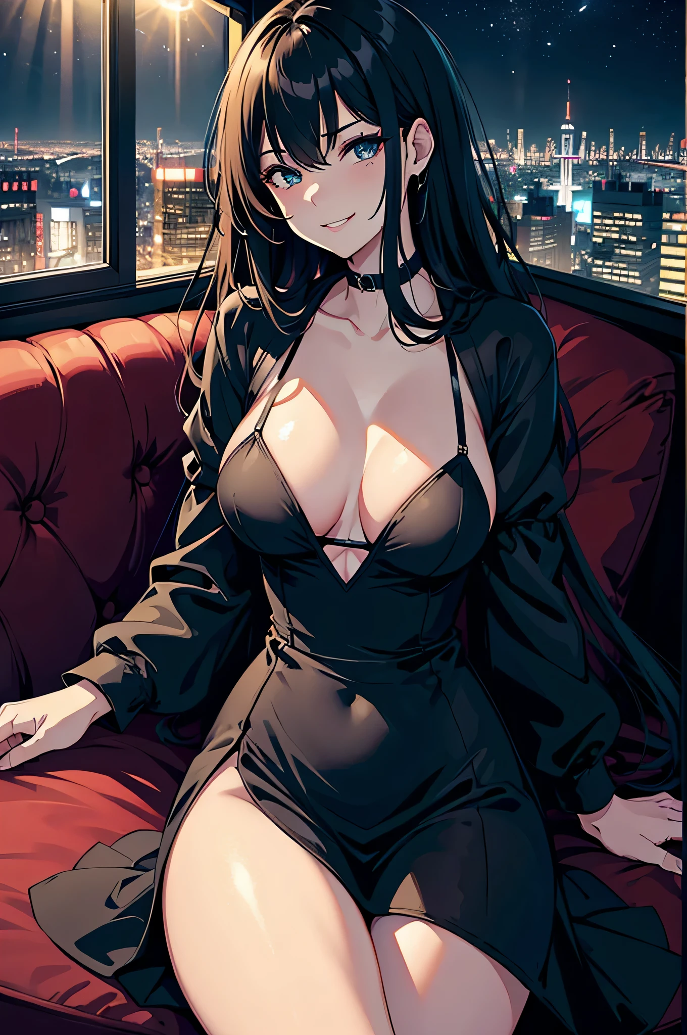 (best quality,4k,8k,highres,masterpiece:1.2),HDR,UHD,studio lighting,ultra-fine painting,sharp focus, girl sitting in an intimate private booth, elegant black dress, cleavage showing, seductive smile, cheeky smirk, woman inviting you to the couch, sexy atmosphere, private VIP booth, dim lighting, atmospheric lighting, open window night city view, night time