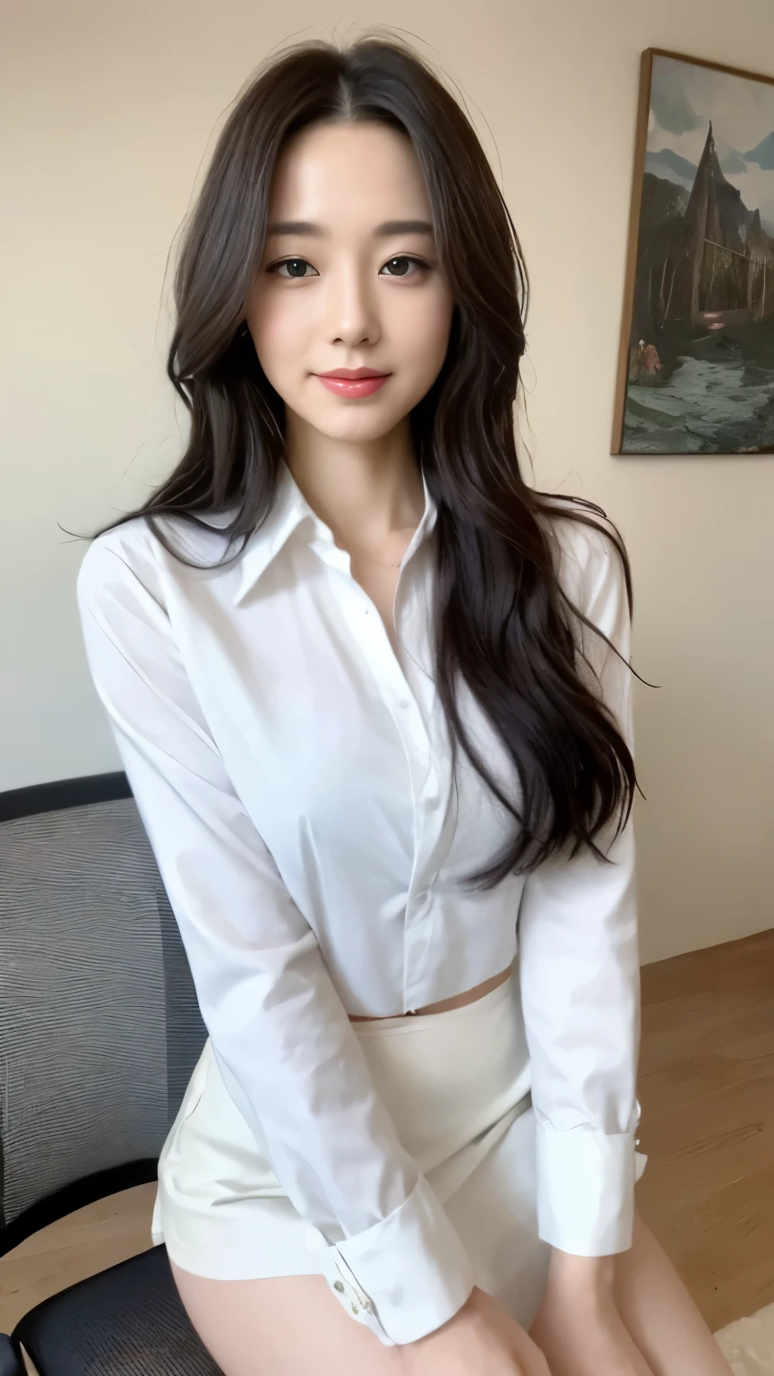 ((top-quality、8k、masterpiece:1.3))、Beautiful woman with perfect body:1.4、slim abdomen:1.2、Longhair, normal breast, Highly detailed facial and skin texture, A detailed eye, (smile), (full body shot), ((office)), (sitting on chair), (((wearing white uniform))), looking in front