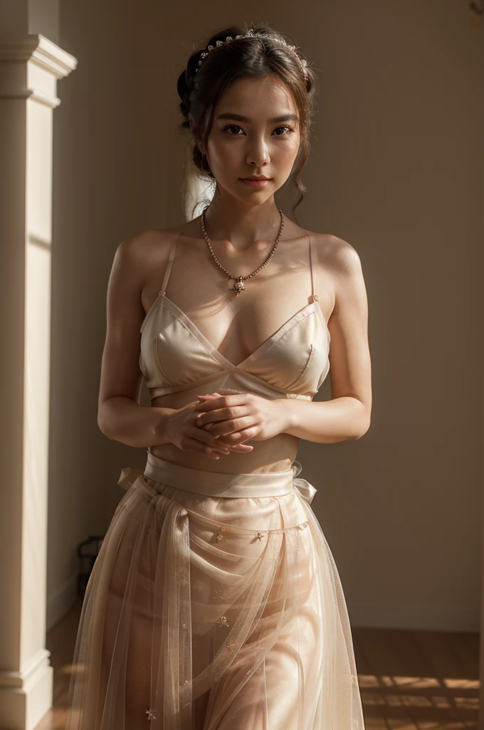 outstanding quality, masterpiece, High Resoluti~to, 1 woman, blush, (a charming smile: 0.8), star eyes, chinese hanfu, hair accessories, necklace, bijouterie, beauty, ~to_body, Tyndall effect, realism, Shadow Room, light edge, Two-t~toe Lighting, (high detail skin: 1.2), 8 thousand UHD, SLR, soft light, high quality, volume lighting, Candid photos, High Resoluti~to, 4K, 8 thousand, blur background, light tulle,