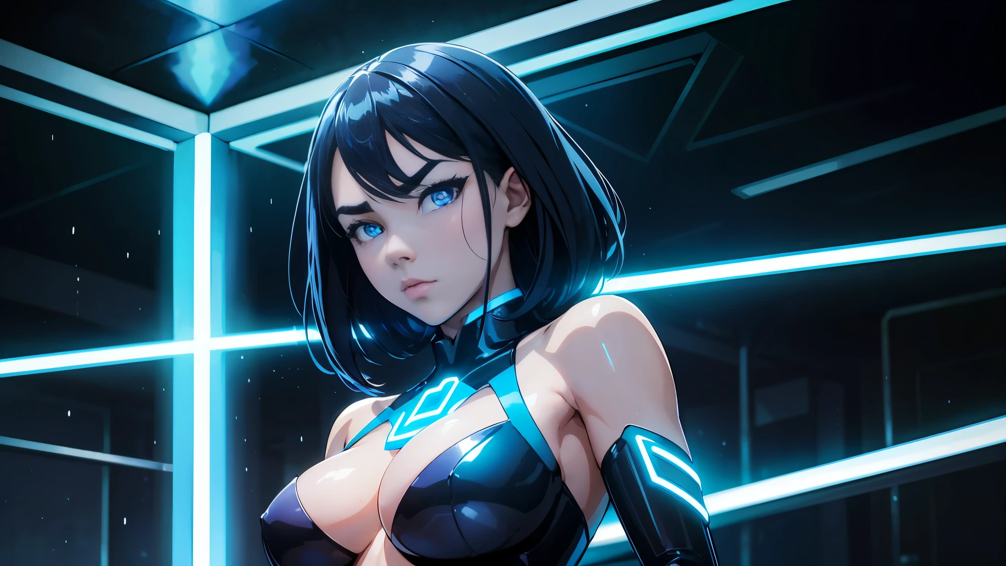 cool phonk anime girl , dark blue hair , blue eyes , rainy time , underground dance club , whole body shot, big breast, (Perfect thick white eyebrows) Delicate fur, 详细s face, s the perfect face, At a in an underground  club like tron movie, (Drink a glass of wine while standing), Comfortable background, perfect decoration, lighting atmosphere, ((tron movie lighting)), (The round lenses on his eyes)(詳細な目), Perfect student, face close up