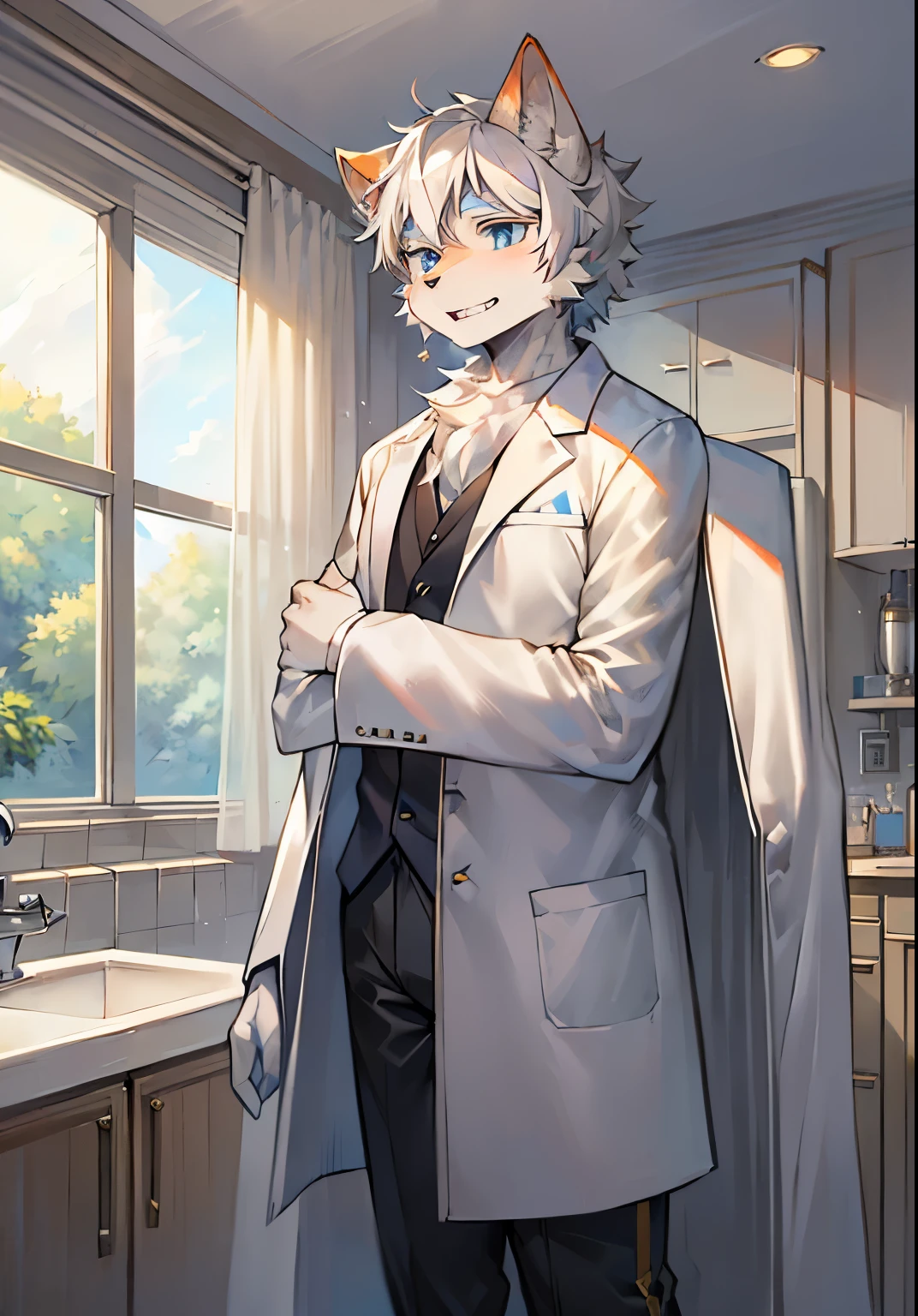masterpiece,high quality,abstract research,number\(artwork\), by dagashi, Yes,Kiyoyama,(Hana charcoalo,fluffy fur,Character focus:1.1),Hana charcoalo male cat,short hair,portrait , Eyes are bright, panoramic, Character focus.(Detailed background:0.7), solo, hairy, hairy male, male focus, PhD, Expressionless, Hana charcoal,(PhD. coat, hairy的尾巴, white fur, blue eyes, white hair:1.2), (long canine teeth、PhD、PhD. coat:1.2),(Interior design、During the day、laboratory room)