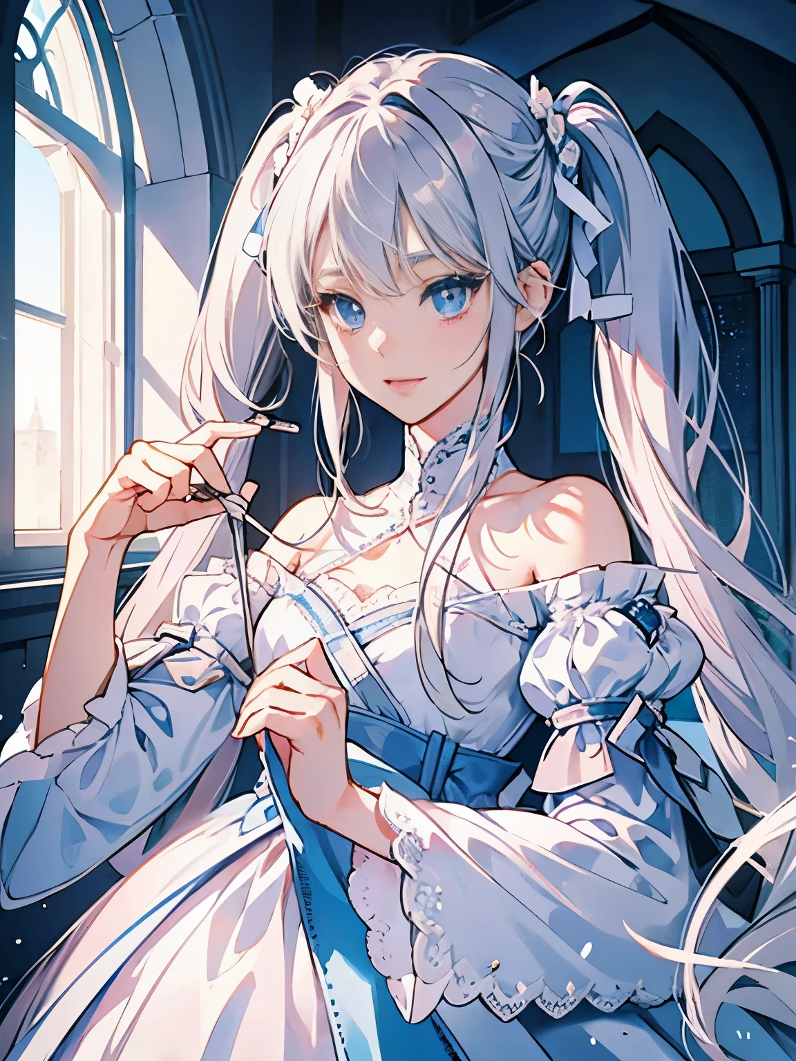 silver hair　blue eyes　inside the castle　Long twin tail hair　white lace dress　Light pink ribbon　masterpiece　best image quality　clear　cinematic shadow　Increased attractiveness of the eyes　clear the shine of the eyes　Draw eyelashes neatly　perfect eyes　detailed eye　Sharpen image quality　Sharpen eye writing　clear eye shape　perfect fingers　perfect hands