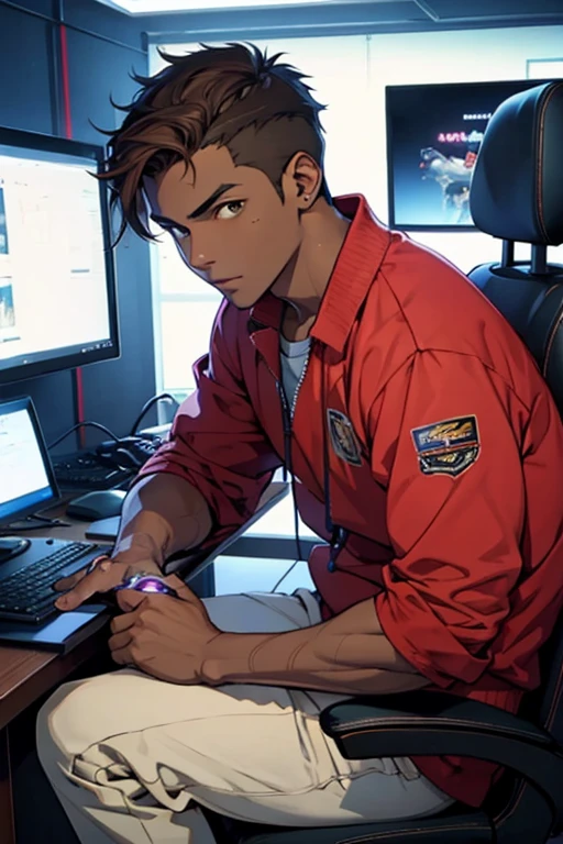 Dark-skinned boy with brown skin color and anime brown hair playing video games with video game controller