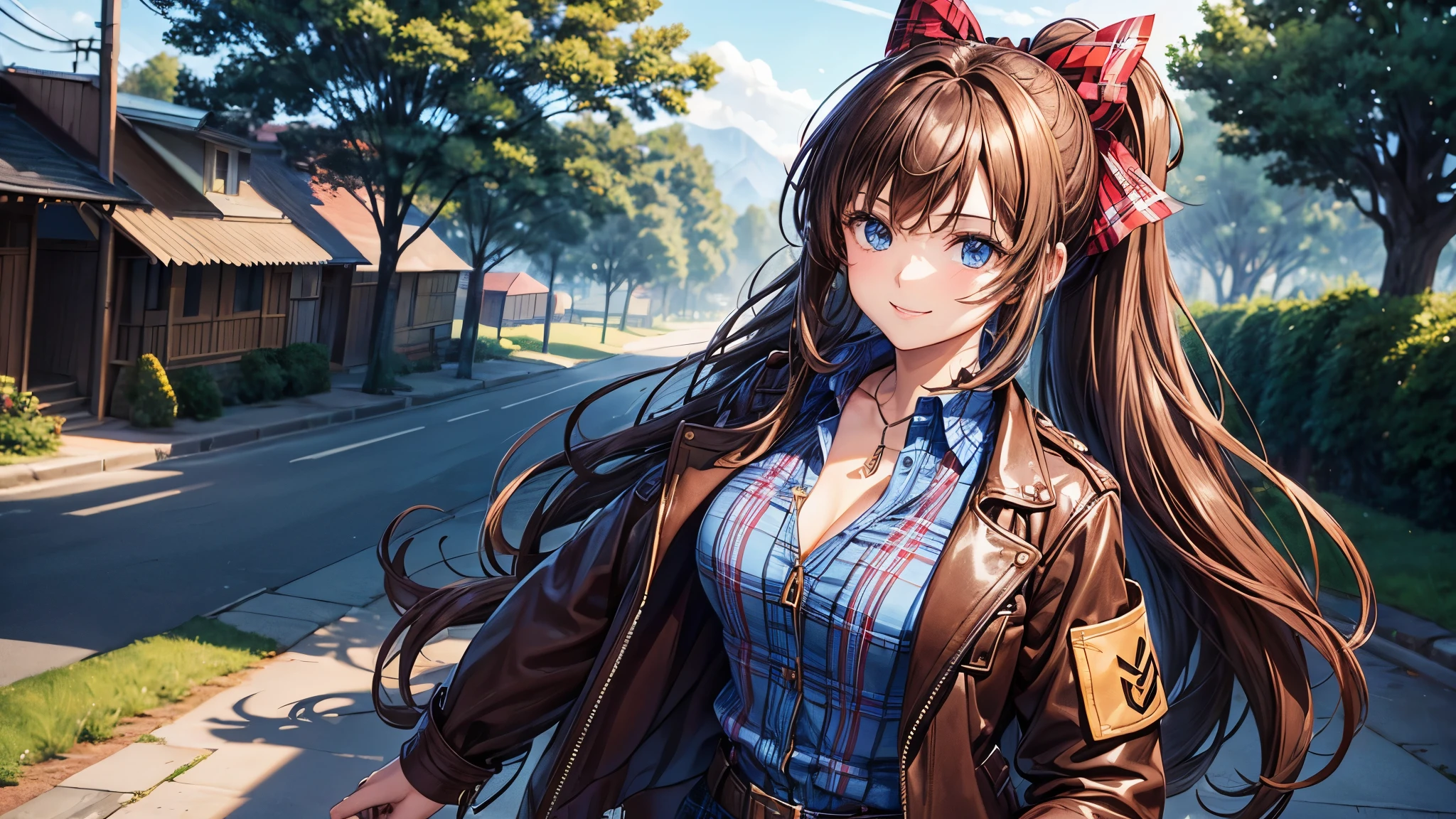 1girl, solo, village, trees, brown hair, long hair, curly hair, ponytail, large breasts, button down shirt, ((blue checked shirt)), ((unbuttoned shirt)), blue eyes, ((opened brown zipper jacket)), leather jacket, red and black skirt, smile, looking at the viewer, standng, hair ribbon, golden necklate