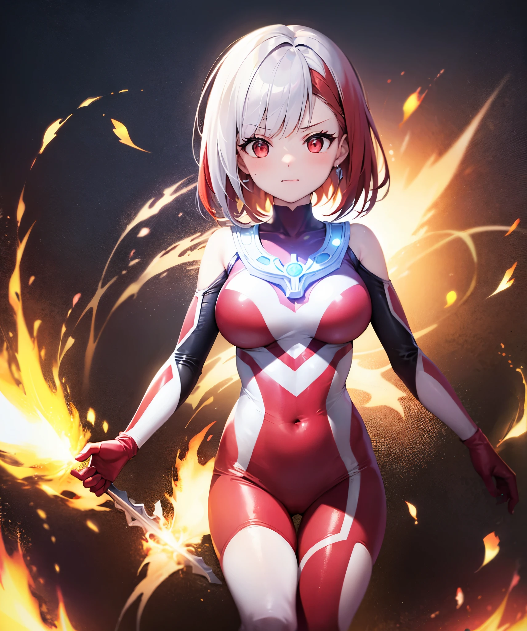 one person,red haired woman,bright red hair,short bob,red eyes, (Ultra Girl :1.0), silver and red ultraman bodysuit,big breasts,left arm sideways、right arm vertically、make a cross with both arms,upper body only,In flames,