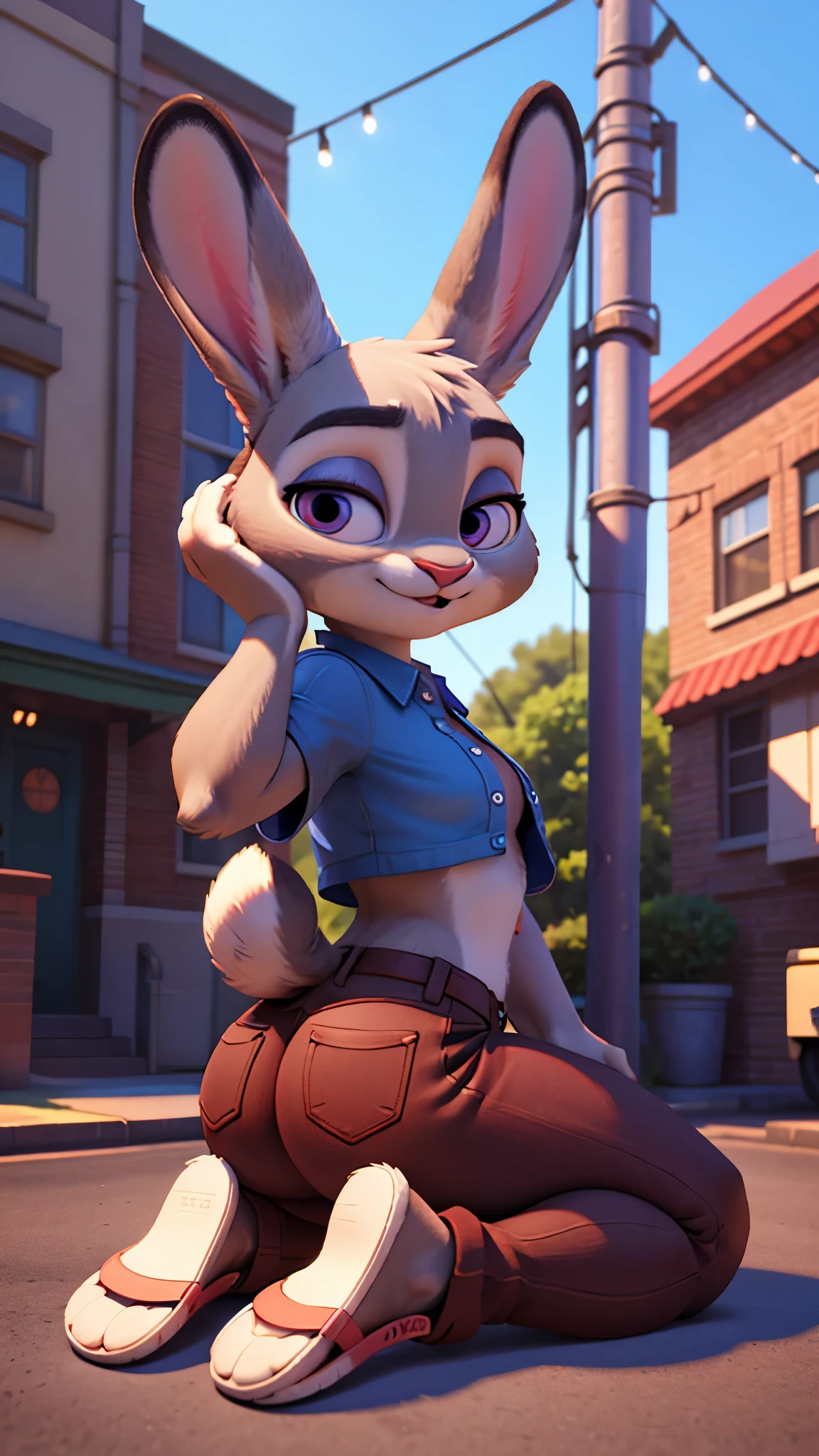 Judy Hopps,HD,8K, outdoors, thick thighs, thick legs, thin hips, realistic details in the hair, extreme quality,paws pose,crotch view,with the leggings lowered showing her pussy to the viewer, and the shirt raised showing her tits to the viewer